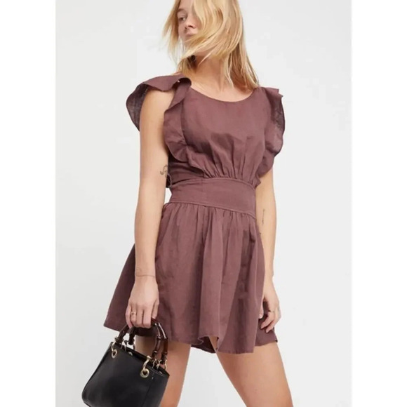 Free People‎ Women's Small Erin Ruffle Sleeve Open Back Skater Mini Dress Brown - Picture 1 of 6
